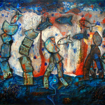 Painting titled "LES JOUEURS" by Marie Bazin, Original Artwork, Acrylic Mounted on Wood Stretcher frame