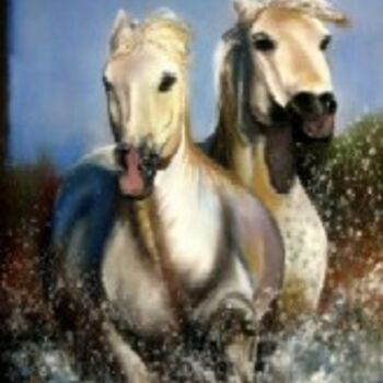 Painting titled "les chevaux camargu…" by Marie Claude Ramain, Original Artwork