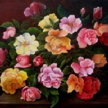Schilderij getiteld "le bouquet de roses" door Marie Claude Ramain, Origineel Kunstwerk