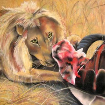 Peinture intitulée "le repas du Roi Lion" par Marie Claude Ramain, Œuvre d'art originale