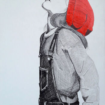Drawing titled "Le bonnet rouge" by Marie Colombier, Original Artwork, Ink