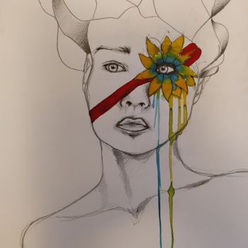 Dessin intitulée "The flower" par Marie B., Œuvre d'art originale, Encre