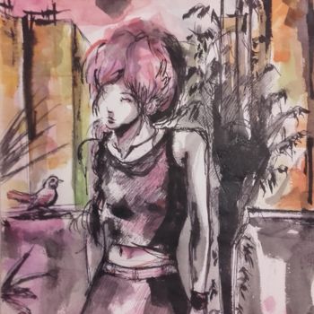 Картина под названием "woman in the city" - Marie B., Подлинное произведение искусства, Гуашь