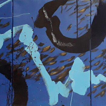 Painting titled "Tryptique Bleu n°12" by Marie Edmée Séguin, Original Artwork, Acrylic Mounted on Wood Stretcher frame
