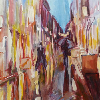 Peinture intitulée "Rue sous la pluie" par Marie-France Krähenbühl, Œuvre d'art originale, Huile