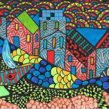 Рисунок под названием "village" - Marie-José Sintes, Подлинное произведение искусства, Акрил
