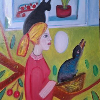 Painting titled "Daar is de lente" by Marieke Janssen, Original Artwork, Oil Mounted on Wood Stretcher frame