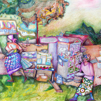 Рисунок под названием "marché de KIGALI" - Mariekverbois, Подлинное произведение искусства, Карандаш