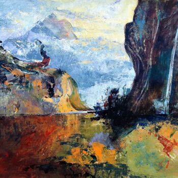 Schilderij getiteld "Paysage de lac" door Mariekverbois, Origineel Kunstwerk, Acryl