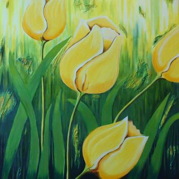 Painting titled "tulipes-jaunes-a-l-…" by Mariela Piccamiglio González, Original Artwork, Oil