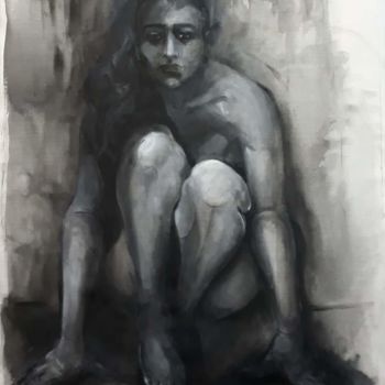 Painting titled "Agazapada/ Crouched" by Mariela Monges Aréjola, Original Artwork, Acrylic