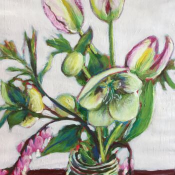 Painting titled "Tulipes, Hélébores…" by Marielle Robichaud, Original Artwork, Acrylic