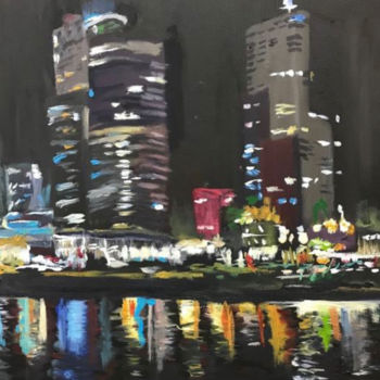 Pittura intitolato "Rotterdam by night" da Mariëlle Van Woudenberg, Opera d'arte originale, Olio