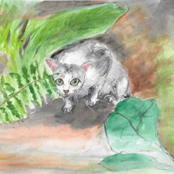 绘画 标题为“Cat's secret hideout” 由Marie Loh, 原创艺术品, 水彩