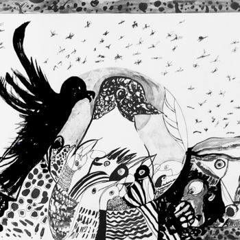 Zeichnungen mit dem Titel "Inspiration nocturne" von Mariem Zahra Chaouch, Original-Kunstwerk, Tinte Auf Aluminium montiert