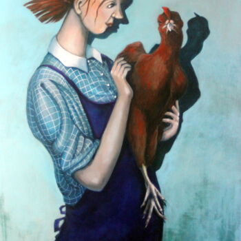 Painting titled "Curiosité de poulet" by Marie-Noëlle Lapouge, Original Artwork, Acrylic Mounted on Wood Stretcher frame