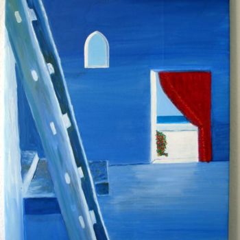 Painting titled "Escalier Bleu   (Hu…" by Marie Odile Nicolas-Lafont, Original Artwork, Oil