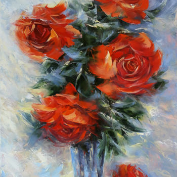 Pintura intitulada "Still life red rose…" por Janna, Obras de arte originais, Óleo Montado em Armação em madeira