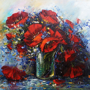 Painting titled "Red poppies in the…" by Janna, Original Artwork, Oil Mounted on Wood Stretcher frame