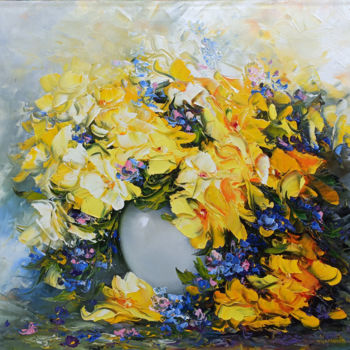 제목이 "Yellow Wild flowers…"인 미술작품 Janna로, 원작, 기름 나무 들것 프레임에 장착됨