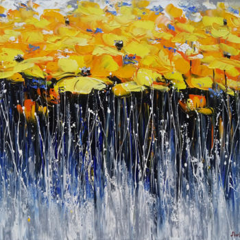 Painting titled "Field of yellow tul…" by Janna, Original Artwork, Oil Mounted on Wood Stretcher frame