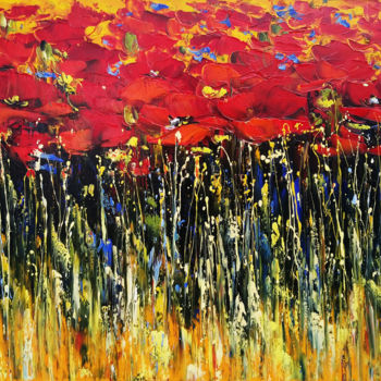 Schilderij getiteld "Field of red tulips…" door Janna, Origineel Kunstwerk, Olie Gemonteerd op Frame voor houten brancard