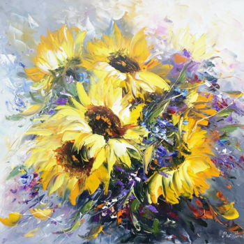 Malarstwo zatytułowany „Sunflowers(70x60cm,…” autorstwa Janna, Oryginalna praca, Olej Zamontowany na Drewniana rama noszy