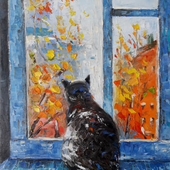 Painting titled "Cat (24x30cm, oil p…" by Janna, Original Artwork, Oil Mounted on Wood Stretcher frame