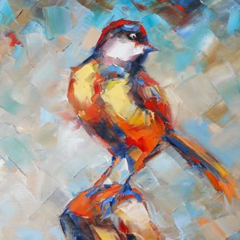 Painting titled "Bird (24x30cm, oil…" by Janna, Original Artwork, Oil Mounted on Wood Stretcher frame