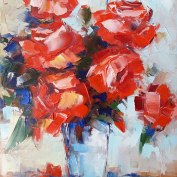 Painting titled "Still life -roses (…" by Janna, Original Artwork, Oil Mounted on Wood Stretcher frame