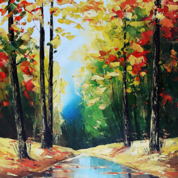 Painting titled "Autumn (60x40cm, oi…" by Janna, Original Artwork, Oil Mounted on Wood Stretcher frame