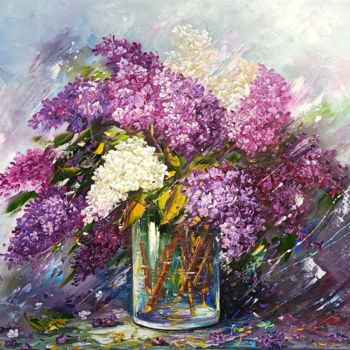 Painting titled "Lilacs (70x60cm, oi…" by Janna, Original Artwork, Oil Mounted on Wood Stretcher frame