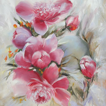 Painting titled "Flowers (50x40cm, o…" by Janna, Original Artwork, Oil Mounted on Wood Stretcher frame