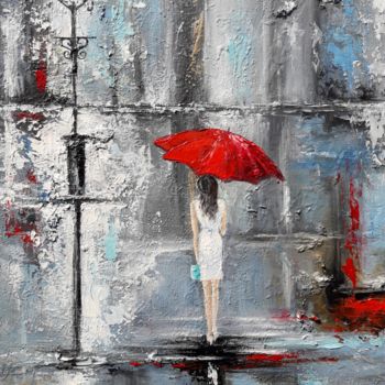 Pintura intitulada "Red umbrella(30x40c…" por Janna, Obras de arte originais, Óleo Montado em Armação em madeira