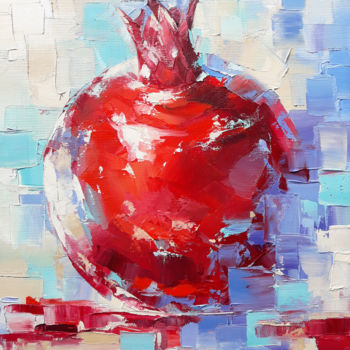 Painting titled "Still life-pomegran…" by Janna, Original Artwork, Oil Mounted on Wood Stretcher frame