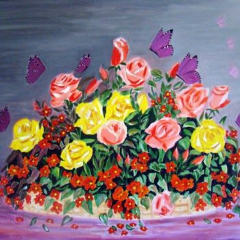 Painting titled "roses et papillons" by Marie Therese Bas, Original Artwork, Oil