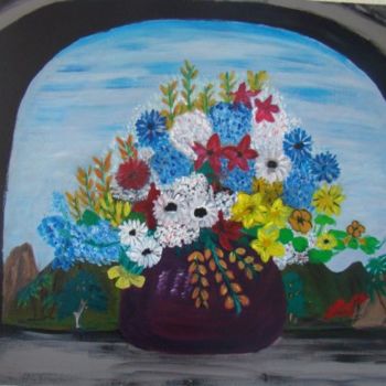 Painting titled "bouquet a la fenêtre" by Marie Therese Bas, Original Artwork, Oil