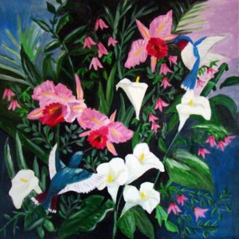 Painting titled "orchidés et colibris" by Marie Therese Bas, Original Artwork, Oil