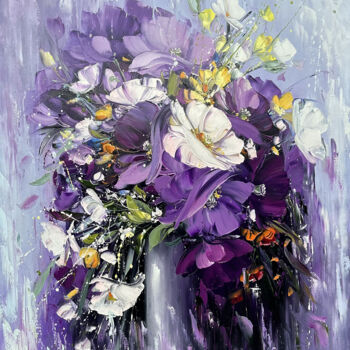 Painting titled "Purple flowers" by Marietta Martirosyan, Original Artwork, Oil Mounted on Wood Stretcher frame