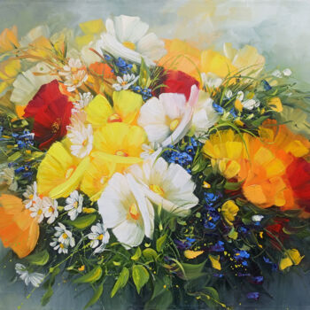 Painting titled "Sunlit Blooms" by Marietta Martirosyan, Original Artwork, Oil Mounted on Wood Stretcher frame