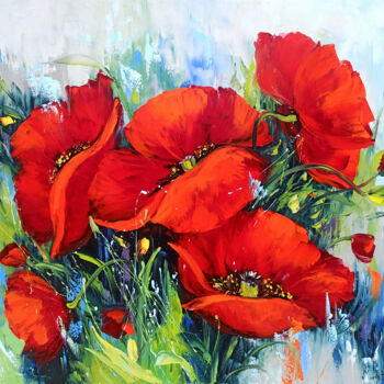 Painting titled "Fiery Tulips" by Marietta Martirosyan, Original Artwork, Oil Mounted on Wood Stretcher frame