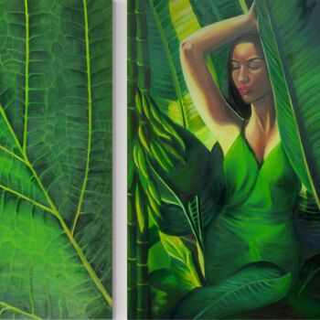 「Diptych Tropical Gr…」というタイトルの絵画 Mariia Baskalによって, オリジナルのアートワーク, オイル ウッドストレッチャーフレームにマウント