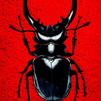 Painting titled "Mr. Black Beetle" by Mariia Baskal, Original Artwork, Oil Mounted on Wood Stretcher frame