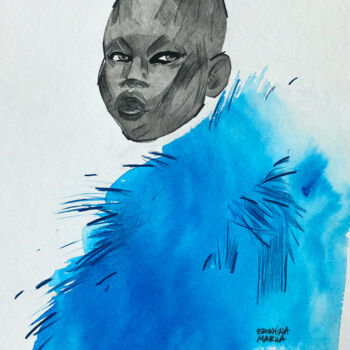 Painting titled ""Femme en blue"" by Mariia Erokhina, Original Artwork, Ink