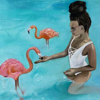 Painting titled "Girl with flamingos" by Mariia Fedorova, Original Artwork, Oil Mounted on Wood Panel
