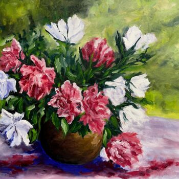 Painting titled "Peonies" by Mariia Fedorova, Original Artwork, Oil Mounted on Wood Stretcher frame
