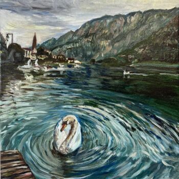 Painting titled "Swan Lake in Halsta…" by Mariia Gabelko, Original Artwork, Oil Mounted on Wood Stretcher frame