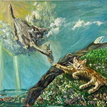 Painting titled "Creation of the Cat" by Mariia Gabelko, Original Artwork, Oil Mounted on Wood Stretcher frame