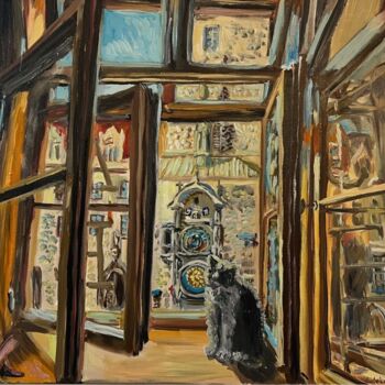 Painting titled "Th Cat on the Backg…" by Mariia Gabelko, Original Artwork, Oil Mounted on Wood Stretcher frame