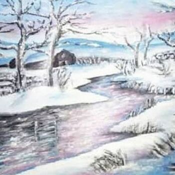 Schilderij getiteld "River in snow" door Marija Mitrovic, Origineel Kunstwerk, Olie